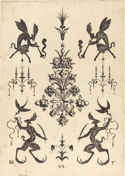 Brooch with Winged Fauns Blowing Trumpets at Top and Fantasy Creatures with Birds at Bottom by Daniel Mignot