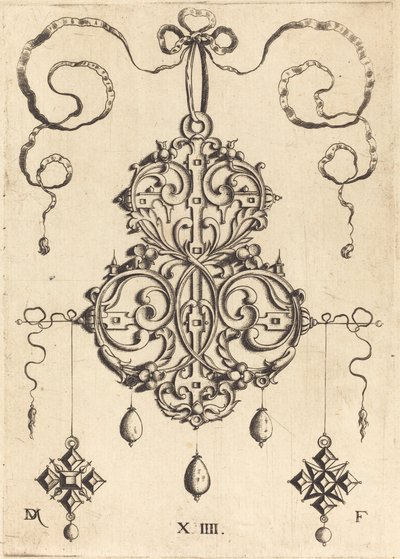 Strapwork Pendant with Three Drops and Two Cross-Shaped Pendants as Earrings at Left and Right by Daniel Mignot