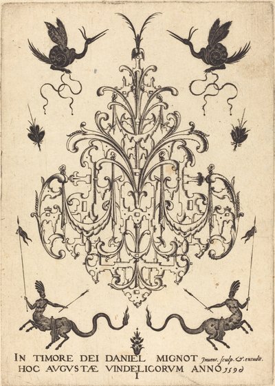 Title Page: Brooch, Snail-like Animals Above, Centaurs with Banners at Bottom by Daniel Mignot