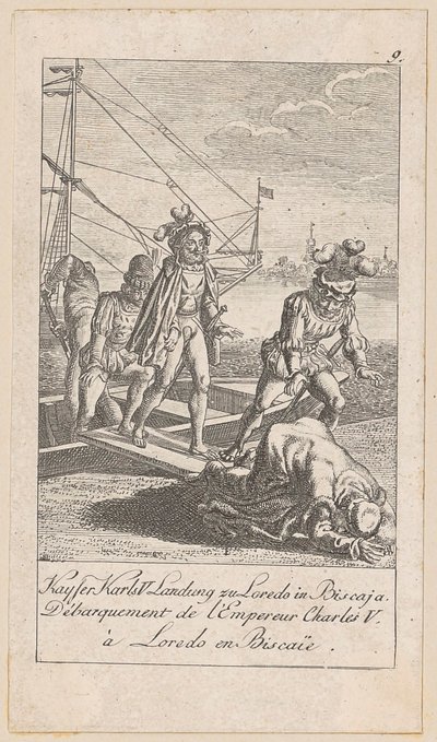 Landing of Emperor Charles V in Biscay, Plate 9 from the series "Older, Middle and Newer History" by Daniel Nikolaus Chodowiecki