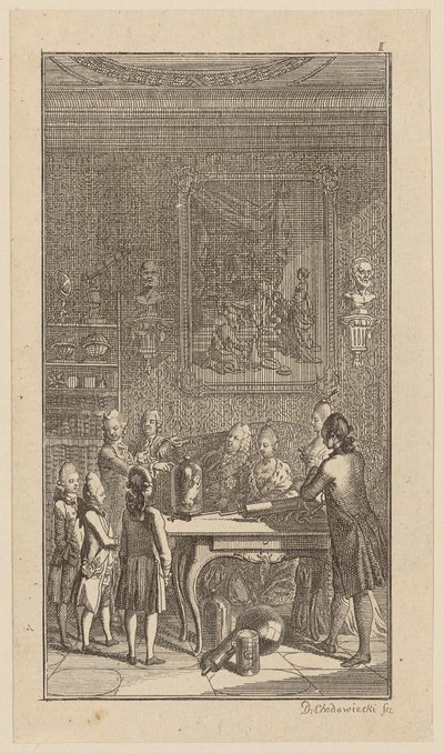 Teacher Conducting Experiments with an Air Pump on a Rabbit in a Room by Daniel Nikolaus Chodowiecki