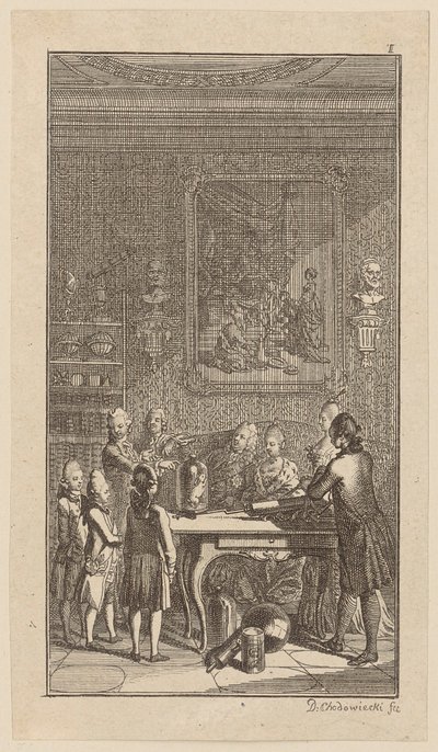 Teacher Conducting Experiments with an Air Pump on a Rabbit in a Room by Daniel Nikolaus Chodowiecki