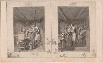 Ludwig barely supports the family through his work [left]; The father returns to his family enriched with treasures [right] by Daniel Nikolaus Chodowiecki