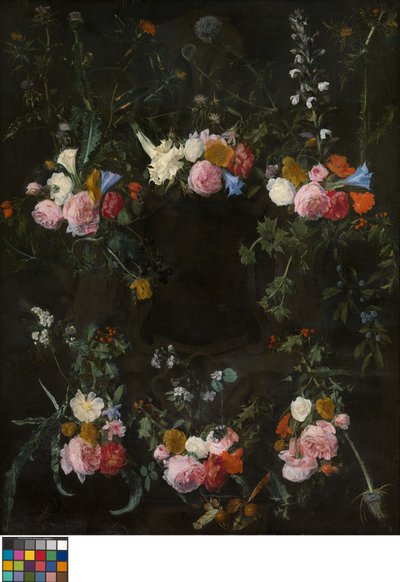 Sculpted cartouche adorned with flower garlands by Daniel Seghers