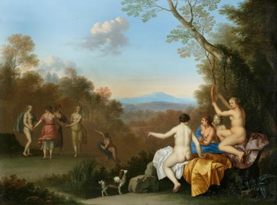 Nymphs Dancing and Making Music by a Pool on a Wooded Hilltop with the Apulian Shepherd by Daniel Vertangen