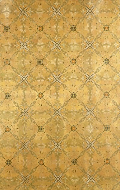 A Ceiling Panel, with Repeating Abstract Foliate Design in Olive Green, Ochre, Red and Yellow by Dankmar Adler