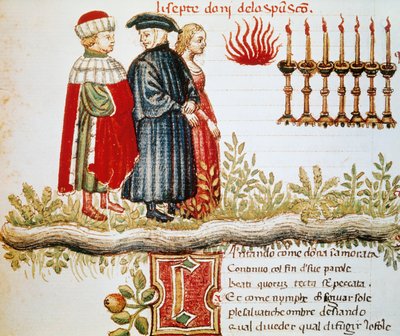 Virgil, Dante and Matelda, Purgatory, Canto XXIX, illuminated page from Divine Comedy by Dante Alighieri
