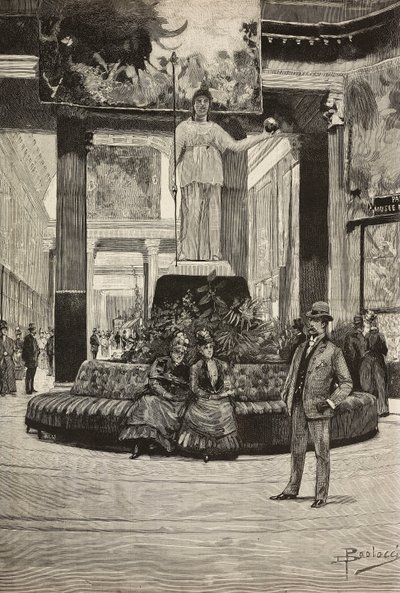 Exposition of fabrics and laces, Rotonda and Fabrics Gallery, Rome, Italy, engraving from drawing by Dante Paolocci by Dante Paolocci