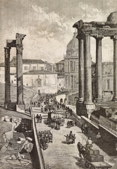 Passage through Forum, Rome, Italy, engraving from drawing by Dante Paolocci by Dante Paolocci