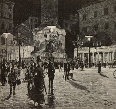 Piazza Colonna illuminated with electric light, Rome, Italy, drawing by Dante Paolocci by Dante Paolocci
