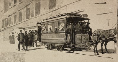 Tram directed to St Peter on occasion of Episcopal Jubilee of Leo XIII, Rome, Italy, engraving after drawing by Dante Paolocci, from L