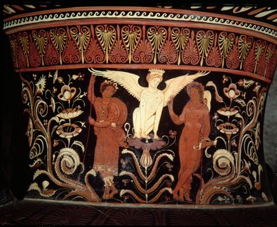 Apulian red-figure volute crater, detail of the neck depicting Oedipus and the Sphinx by Darius Painter