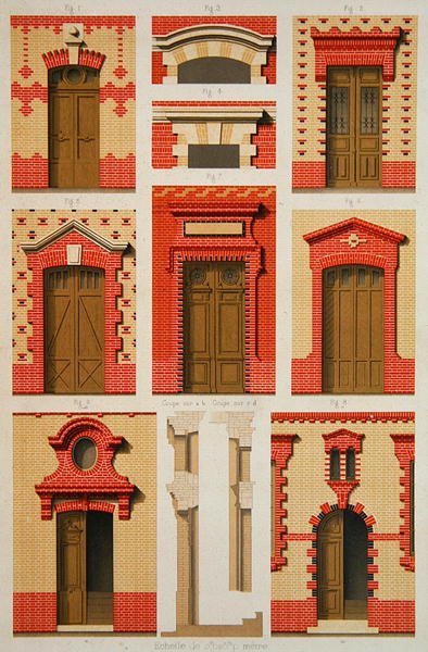 Designs for projections and pediments in brick, illustration from 