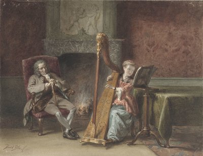 Interior with Girl Playing Harp and a Gentleman Watching from a Chair by David Bles
