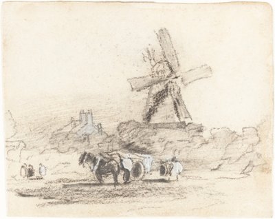 A Cart with Two Horses near a Windmill by David Cox