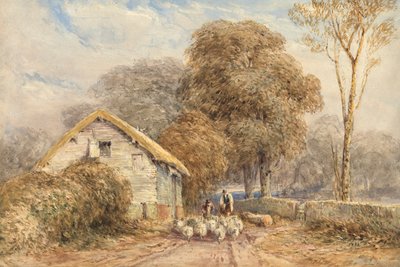 A Traveller on Horseback, with a Shepherd and His Sheep, by a Barn, on a Country Road by David Cox