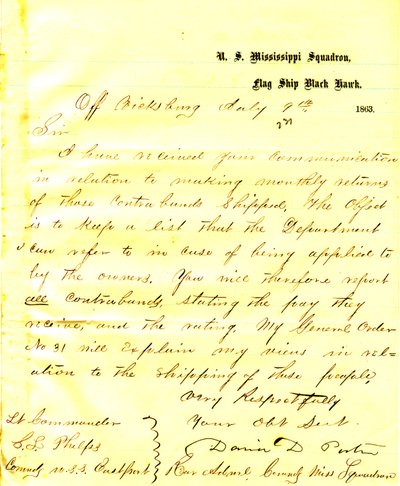 Letter from David D. Porter, U. S. S. Black Hawk, off Vicksburg, to Seth Ledyard Phelps, commanding the U. S. S. Eastport, July 9, 1863 by David D. Porter