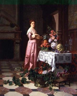 Lady with Fruit and Flowers on a Table by David Emil Joseph de and Knarren P. Noter