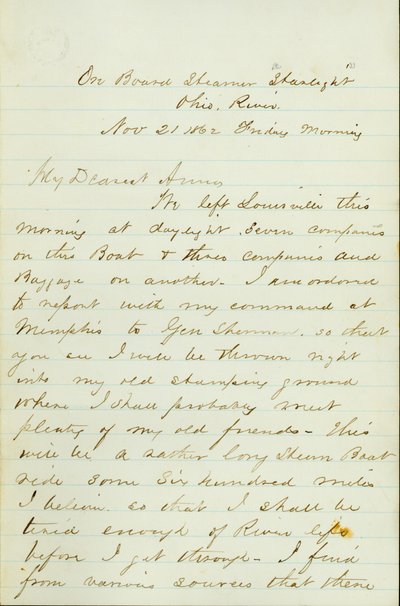 Letter from D. P. Grier, on board Steamer Starlight, Ohio River, to Anna McKinney, November 21, 1862 by David Perkins Grier