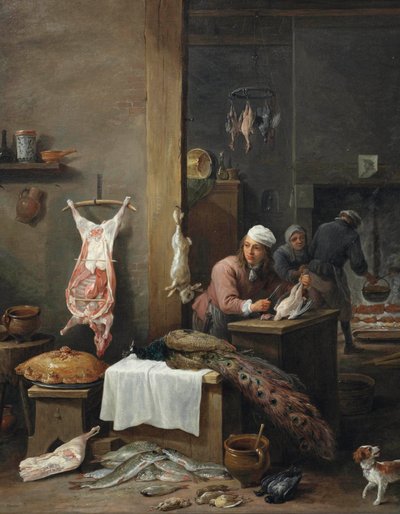 A Kitchen Interior with a Cook Preparing Game at a Table by David Teniers the Younger