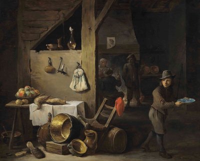 A Kitchen Interior with a Young Boy and Three Figures Drinking and Smoking by David Teniers the Younger