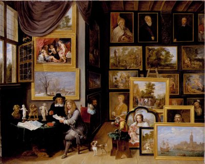 A Picture Gallery with Two Men Examining a Seal and a Red Chalk Drawing, and a Monkey Present by David Teniers the Younger