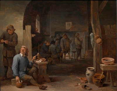 The Interior of an Inn with Peasants Smoking by a Table and Conversing before a Fire by David Teniers the Younger