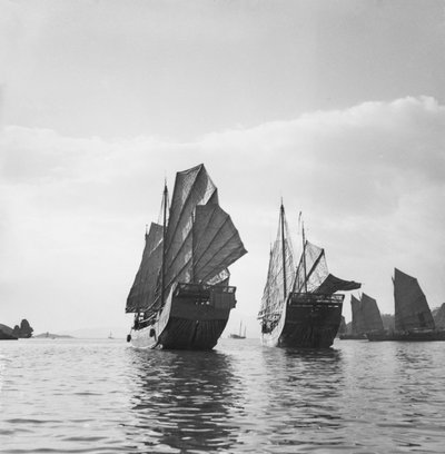 Two Yeungkong Fisher Type Junks Under Sail at Aberdeen, Hong Kong by David Watkin Waters