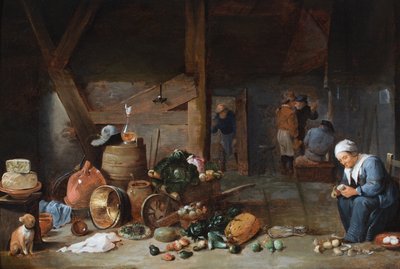 A Kitchen Interior with a Woman Preparing Vegetables, Figures in Conversation Beyond by David the Younger (circle of) Teniers