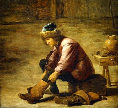 A Young Man Pulling on a Boot by David Teniers the Younger