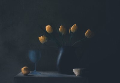 Moody Yellow Tulips Still Life by Delphine Devos