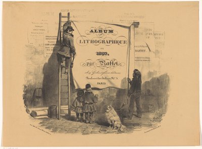 Two Men Posting a Poster on a Wall, Lithographic Album of 1837 (series title) by Denis Auguste Marie Raffet