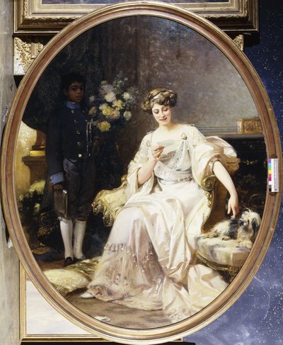 Portrait of a Lady, Said to be Anna de Noailles, Seated Full Length, with a Negro Page in an Interior by Denis Etcheverry