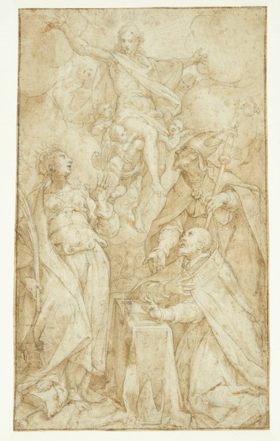 Christ in the Clouds, Carried by Angels, Appears to a Bishop at a Lectern, a Bishop Saint (St. Augustine?) and Catherine of Alexandria by Denys Calvaert