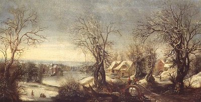 An extensive wooded landscape in winter with skaters on a frozen waterway, a pilgrim and shrine beyond by Denys van Alsloot