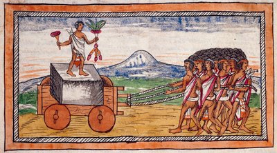 The Aztecs transporting stones to build their cities, stretch watercolor from the History of the Indies by Diego Duran, manuscript, folio 188 recto by Diego Duran