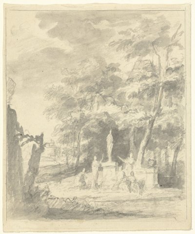 Arcadian Landscape with Figures Around a Statue by Dionys van Nijmegen (possibly)