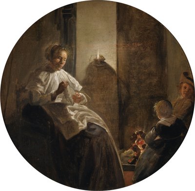 A Woman Sewing by Candlelight by Dirck Hals