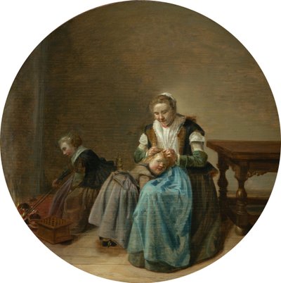 Mother Taking Care of a Child in an Interior, with Another Child by the Fireplace by Dirck Hals