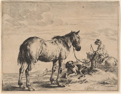 A Horse Bound to a Post with a Reclining Dog by Dirck Stoop