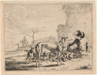 A Seated Man with a Pack of Dogs by Dirck Stoop