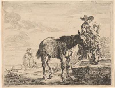 Two Horses Drinking at a Trough by Dirck Stoop