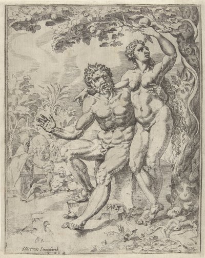 Adam and Eve Picking the Forbidden Fruit by Dirck Volckertsz. Coornhert (attributed to)