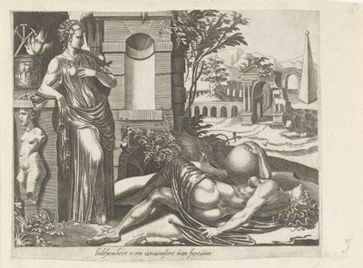 Fortune Does Not Favor Those Who Fall Asleep; Patience as the Victor of Fortune (Proverbs about Fortuna) by Dirck Volckertsz. Coornhert (attributed to)