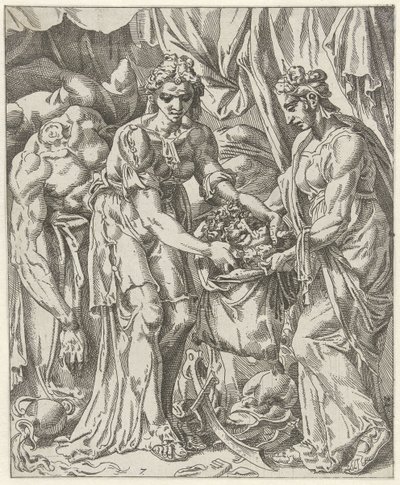 Judith Puts the Head of Holofernes in a Bag (series title: Judith and Holofernes) by Dirck Volckertsz. Coornhert (attributed to)