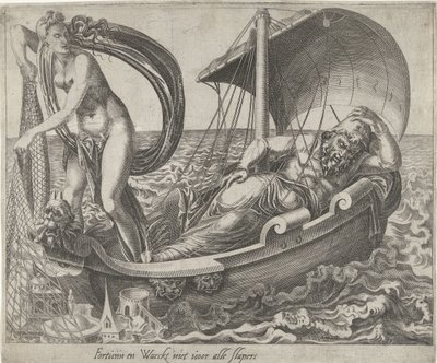 Not Every Idler is Lucky (title on object: Fortune and Does Not Watch Over All Sleepers) (series title: Proverbs About Fortuna) by Dirck Volckertsz. Coornhert