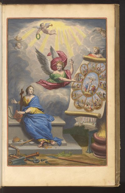Title Page with Angel Showing the Martyrdom of Christ and the Twelve Apostles to Chained Faith (The History of the New Testament) by Dirk Janszoon van Santen