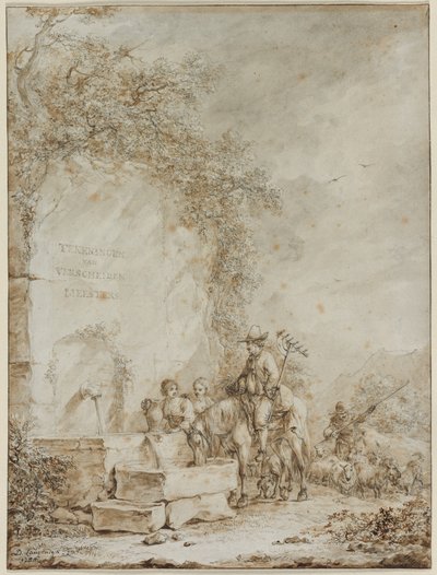 Frontispiece for an Album of Drawings: Peasants at a Fountain (recto) by Dirk Langendijk