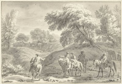 Hilly Landscape with Hunters on Horseback by Dirk Maas