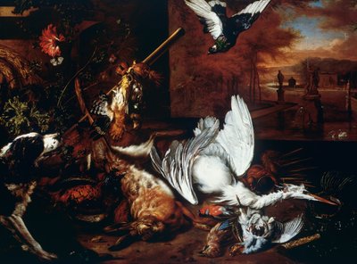 Still-life with Dead Heron and Dog barking at Bird by Dirk Valkenburg